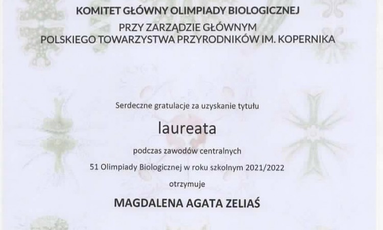 Laureatka 51. Olimpiady Biologicznej